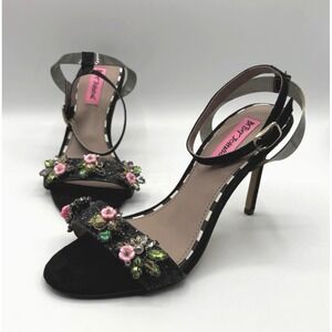 BETSY JOHNSON Alyna Heels Women's Size 6.5-7 Black Embellished Ankle Strap NWOB